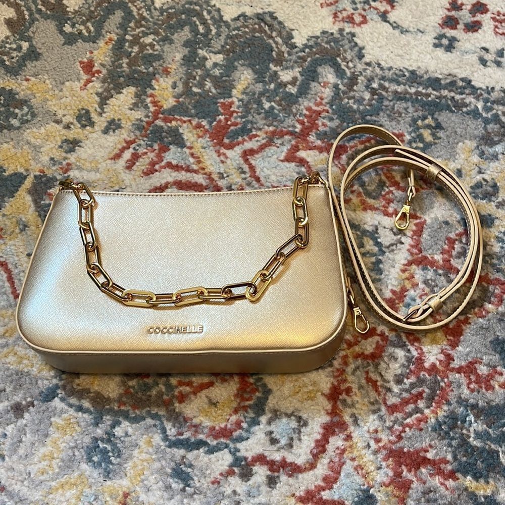 NEW Coccinelle Italian leather shoulder bag pochette Gold w/ GHW